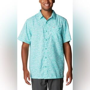 Columbia Men's Super Slack Tide Camp Turquoise Patterned Button Down Shirt